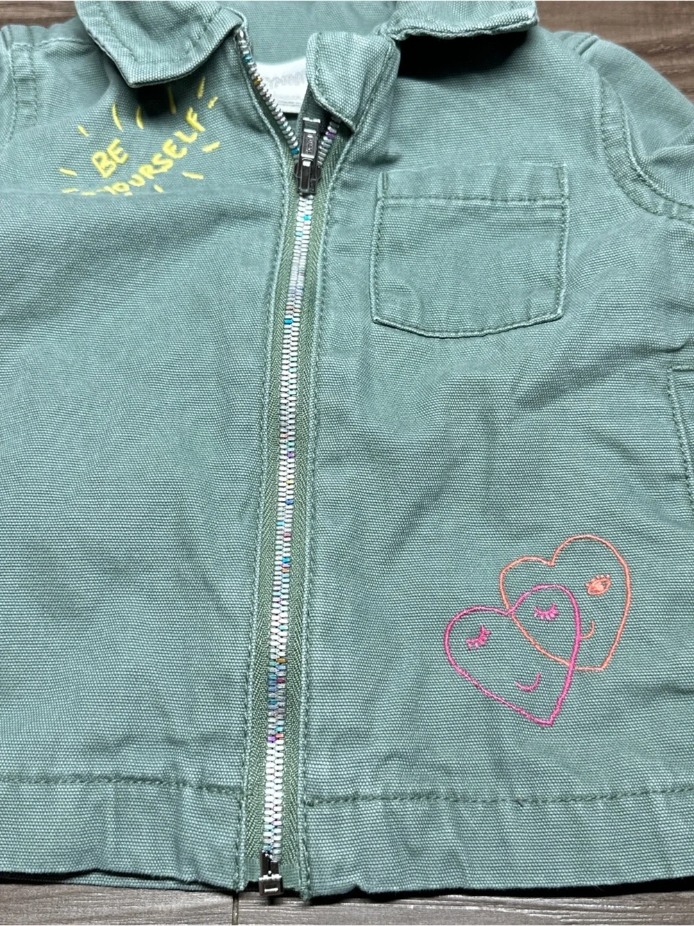 Vtg Gymboree Forest Green Denim Jean Girl 6M Zip Jacket with Heart Embroidery